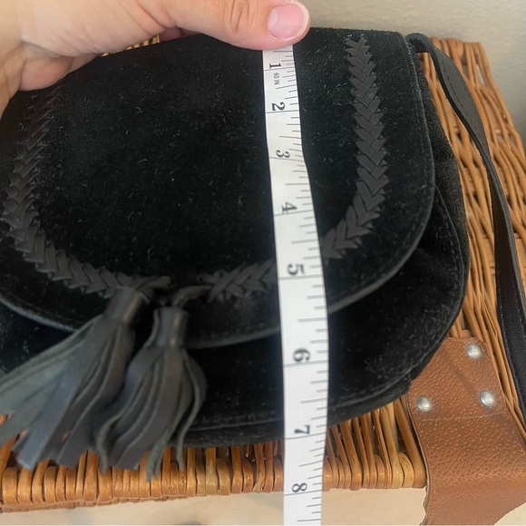 Lucky Brand Mini Saddle Bag Crossbody Black Suede Tassel Adjustable Leather Boho - Picture 13 of 14
